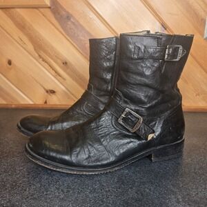 FRYE Mens 12 D Distressted Black Leather Engineer Moto Boots Sole Lock Stitch